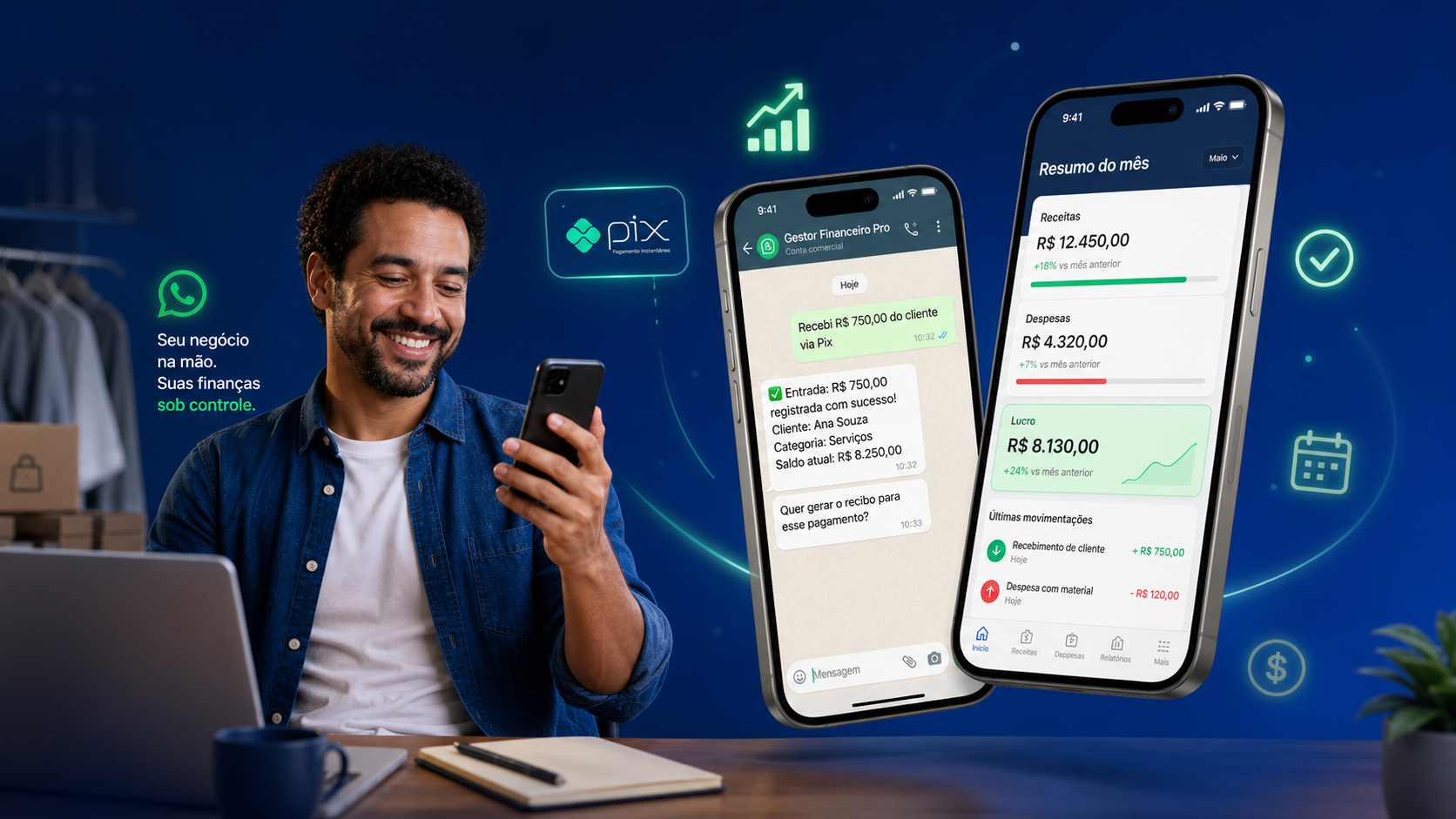 Dashboard do Gestor Financeiro Pro com saldo MEI e pessoal separados