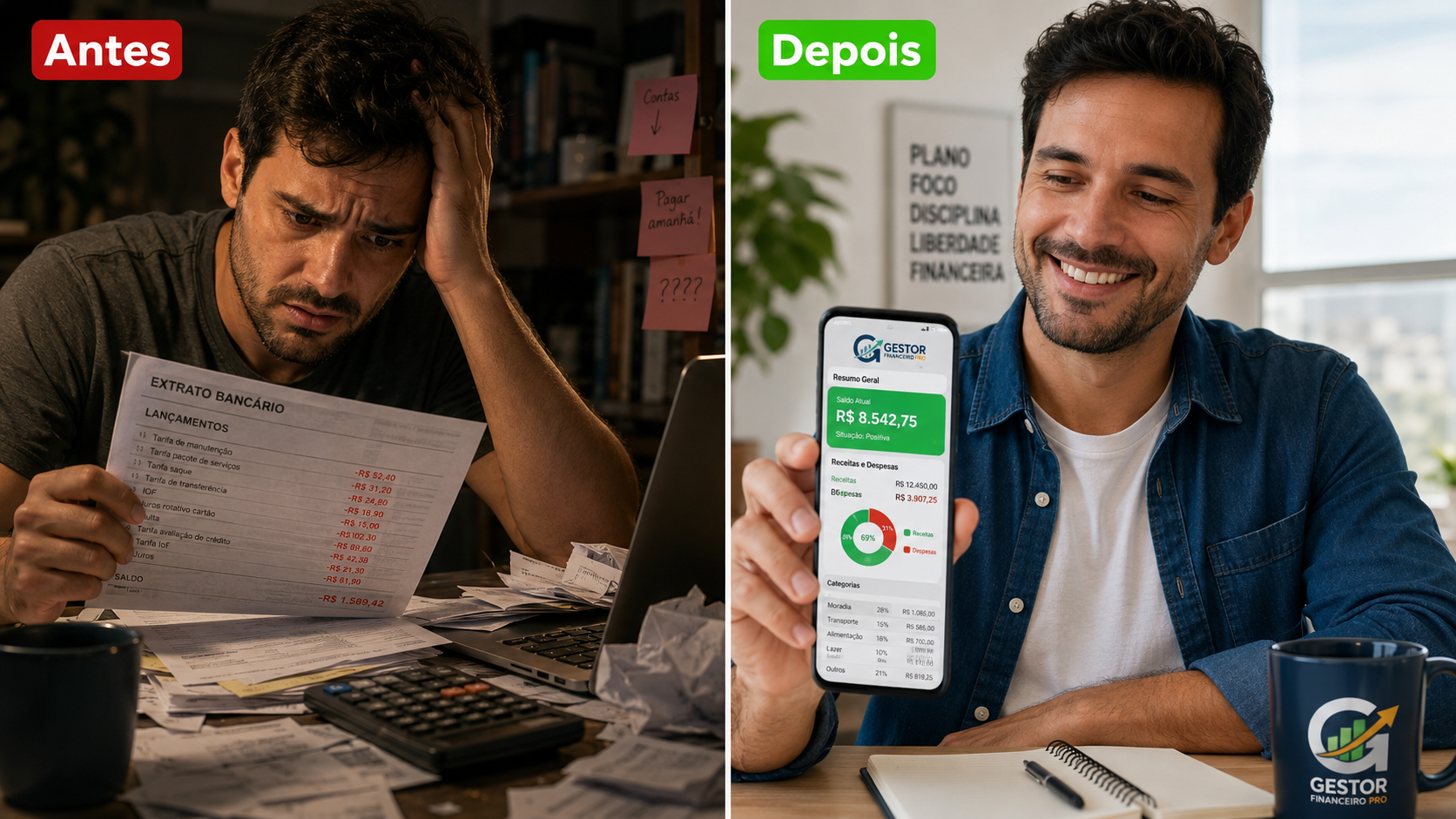 Antes: homem estressado com extrato bancário. Depois: mesmo homem sorrindo com Gestor Financeiro Pro