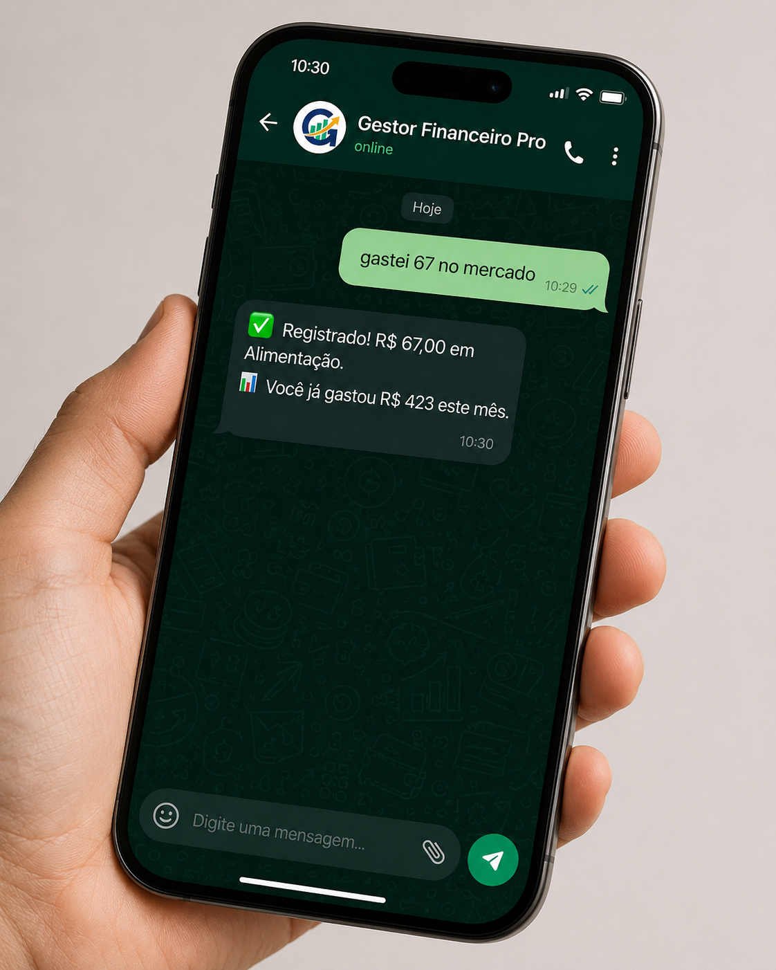 Conversa no WhatsApp com o Gestor Financeiro Pro — registrando gasto de R$ 67