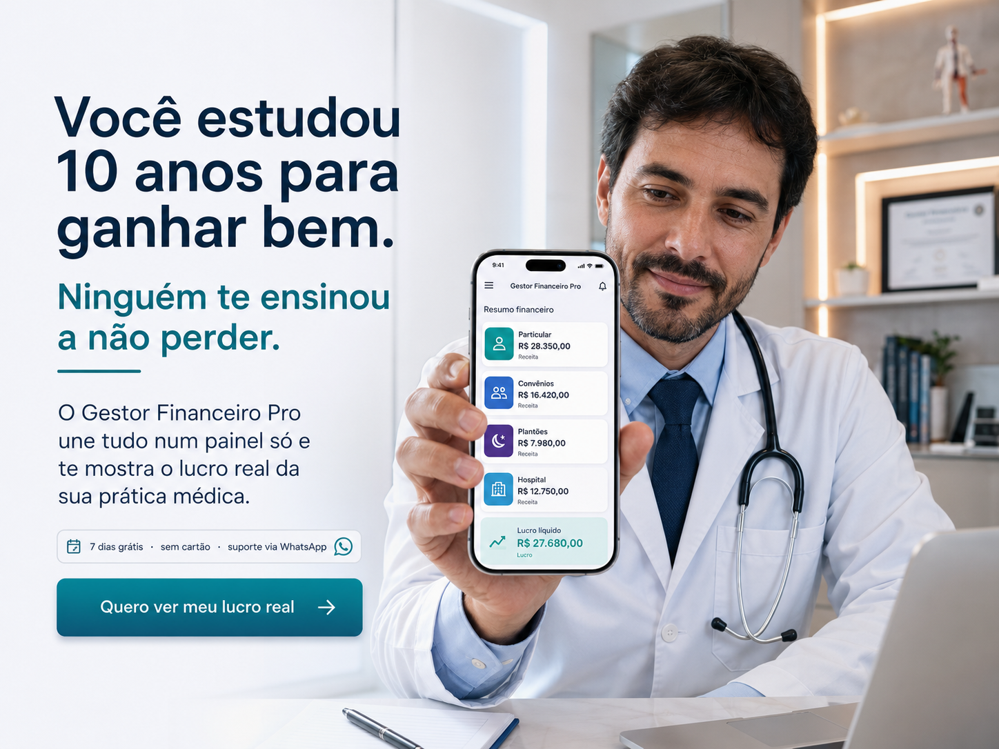 Painel do GFP mostrando renda separada por fonte: Particular, Convênios, Plantões, Hospital — com lucro líquido calculado