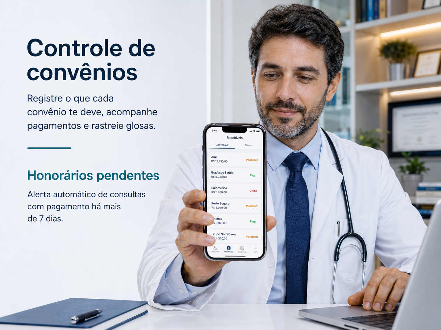 Tela de Contas a Receber do GFP mostrando honorários por convênio com status de pagamento e alertas de atraso