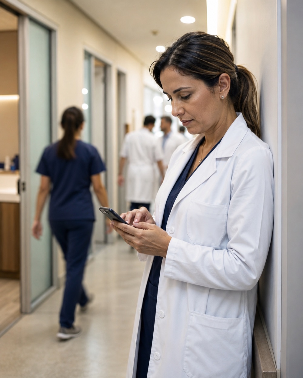 Médica olhando o celular preocupada no corredor do hospital