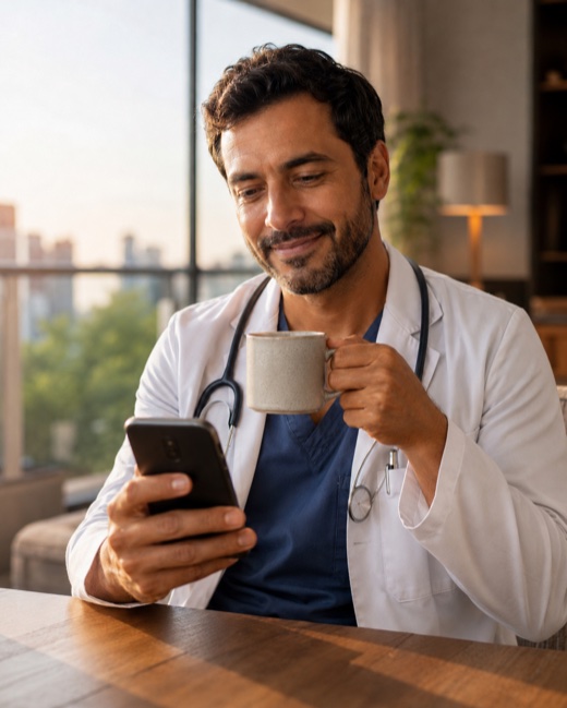 Médico tranquilo verificando o painel financeiro no domingo de manhã