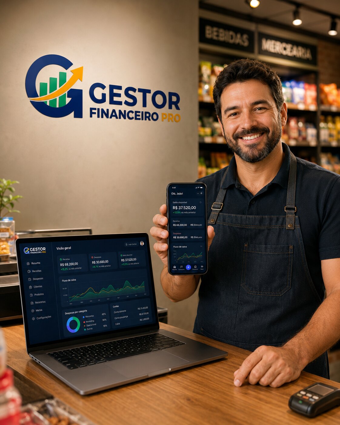 Empresário usando o Gestor Financeiro Pro